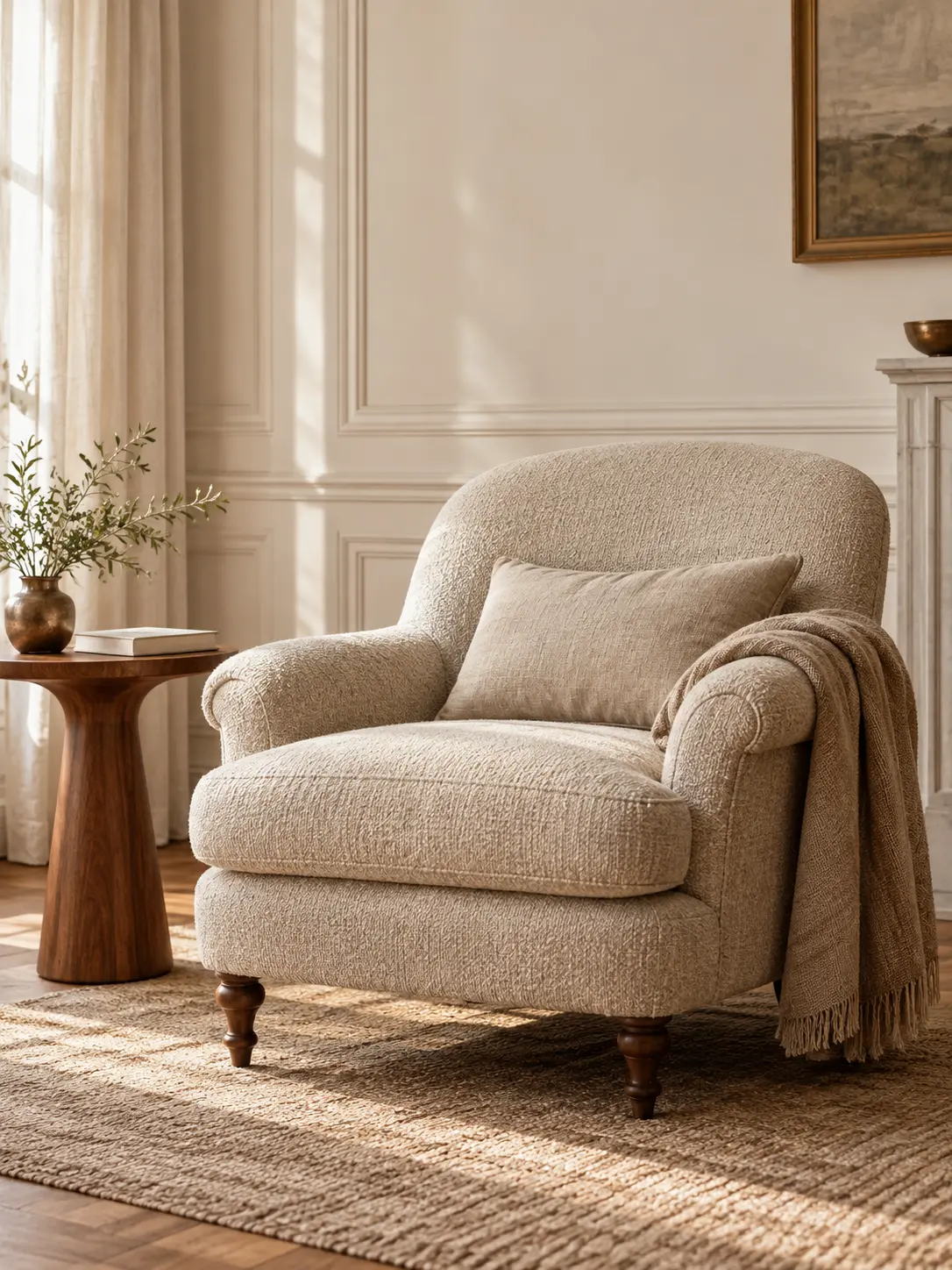 Fauteuil écru dans un coin lecture chaleureux
