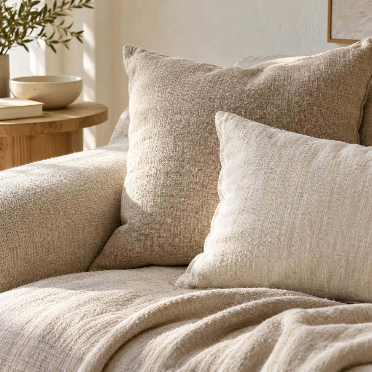 Détail de coussins en textile écru sur un canapé