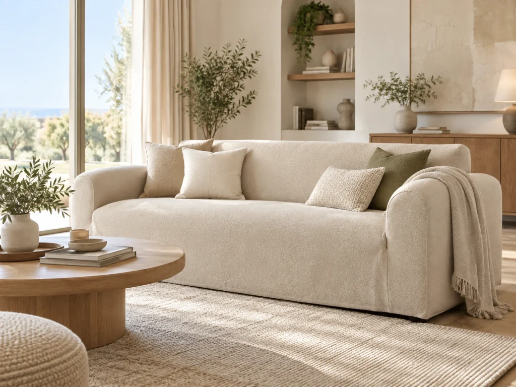 Housse de canapé beige dans un salon élégant et lumineux
