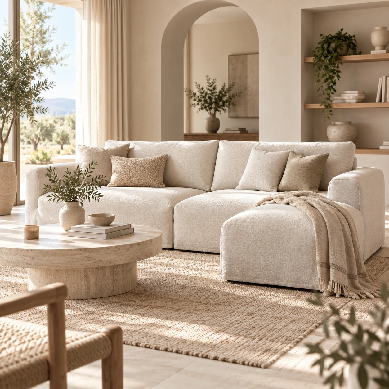 Housse de canapé beige dans un salon lumineux et élégant
