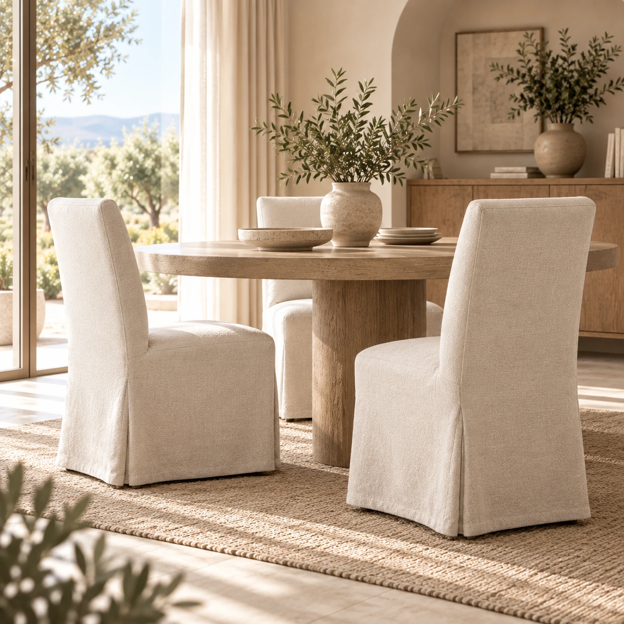 Housses de chaise beige autour d’une table en bois clair