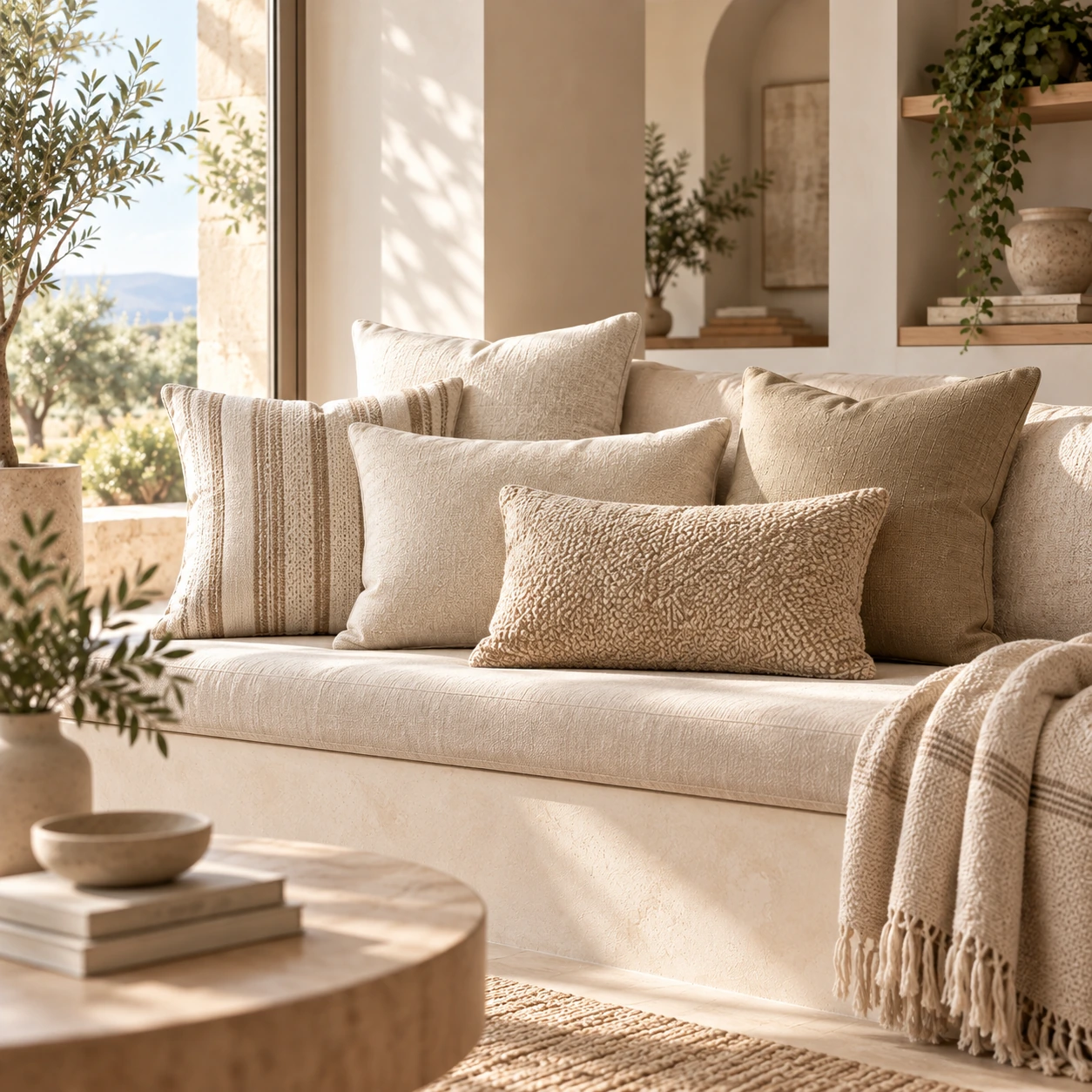 Housses de coussin beige et écru sur un canapé clair dans un salon lumineux