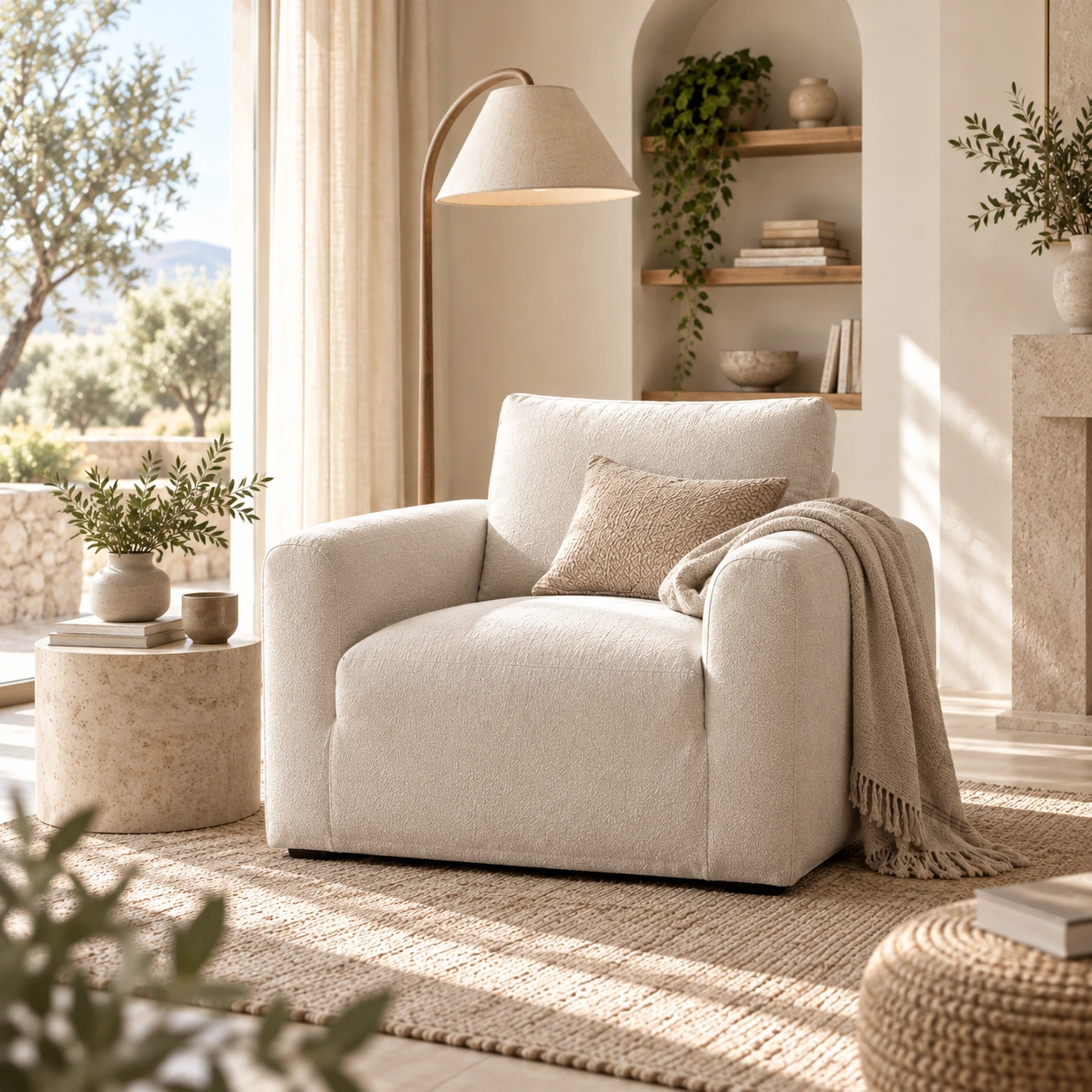 Housse de fauteuil beige dans un coin lecture chaleureux
