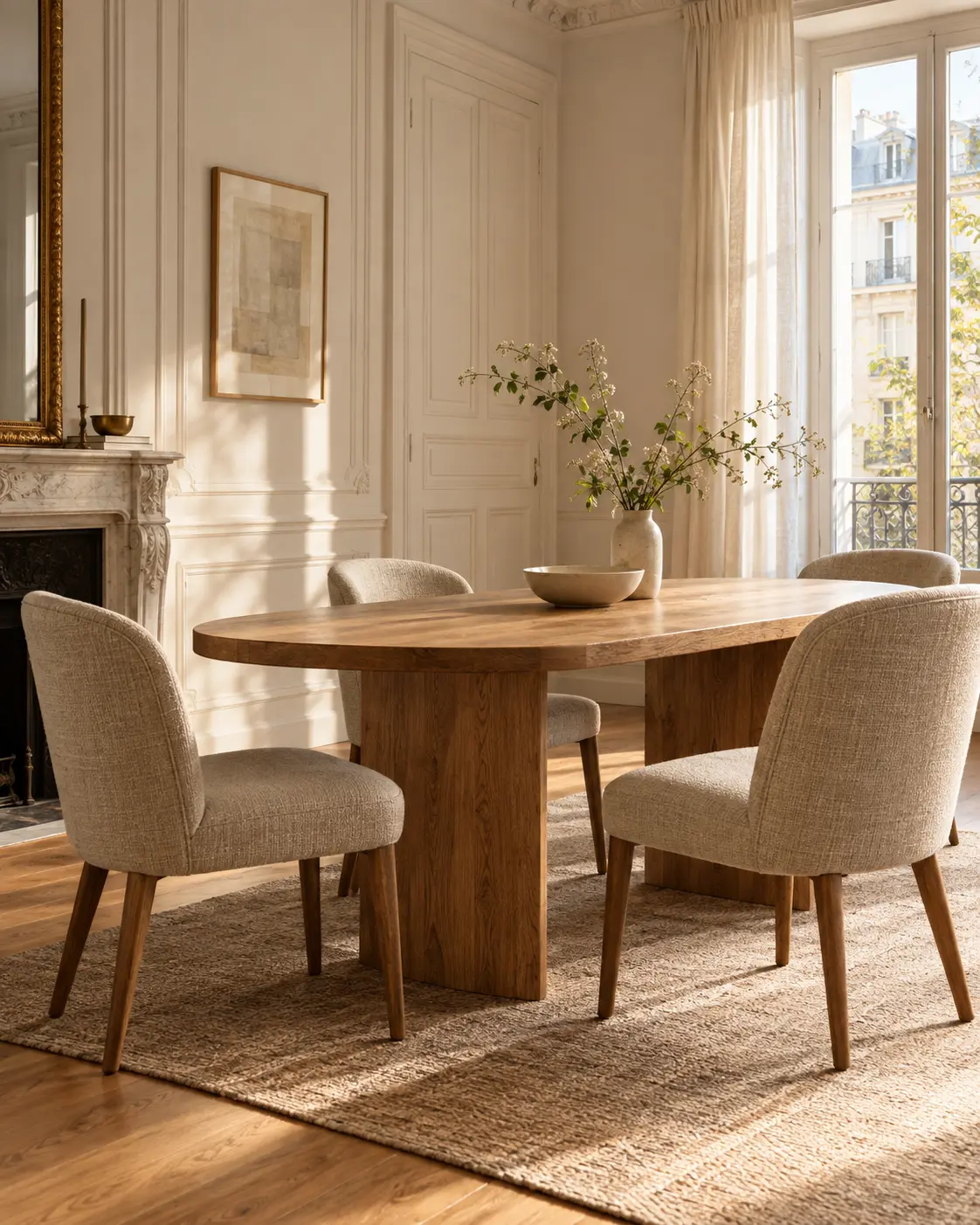 Salle à manger lumineuse avec chaises claires autour d’une table en bois
